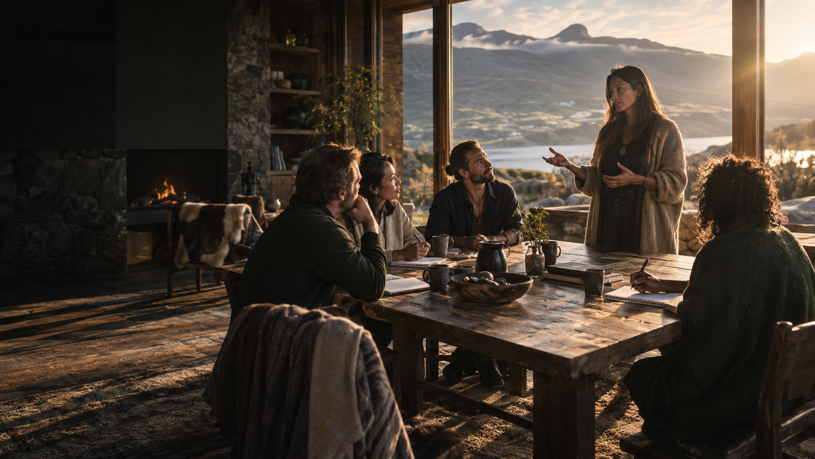 A small learning circle in conversation around a wooden table at sunrise
